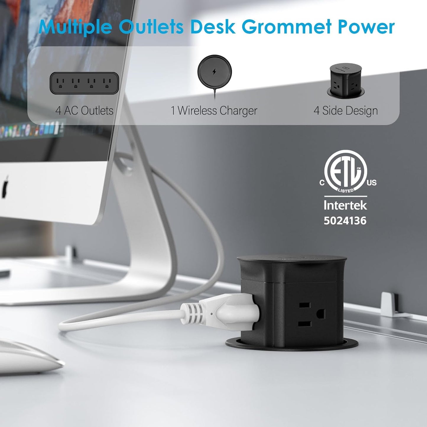 Jgstkcity Pop Up Outlet with 15W Wireless Charger,4 Outlets 15A, Splash Resistant,3 inch Desk Hole Power Grommet,Space Saver Outlet for Kitchen Countertop,Office Conference Table,ETL Listed (Black)