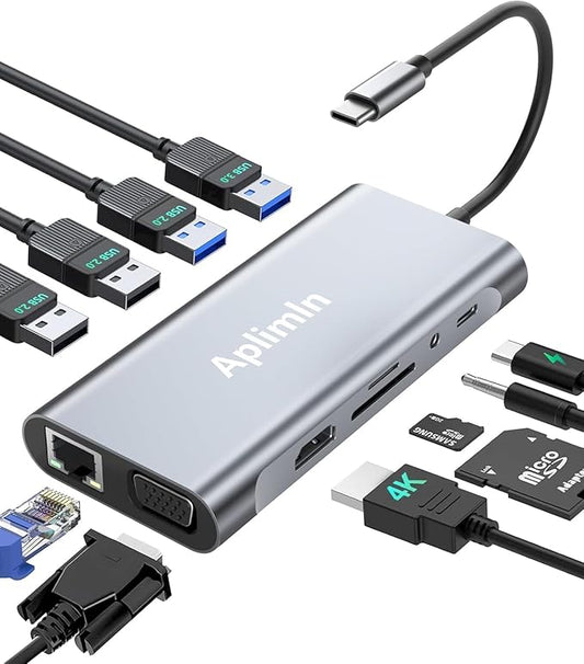 USB C HUB, USB C Adapter 11 in 1 Dongle with 4K HDMI, VGA, PD 100W, 1 X USB 3.0, 3 X USB 2.0 Ethernet, SD/TF Card Reader, 3.5mm Headphone Jack for iPhone 16/15 MacBook Pro/Air, Other Type C Laptops