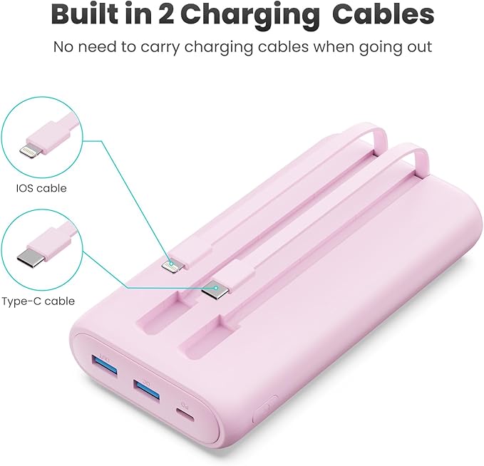 Portable Charger Power Bank 40,800mAh 25W Fast Charging USB C Portable Charger with 2 Built in Cables,5 Outputs & QC 4.0 Quick Phone Charging Battery Pack Compatible with iPhone 16/15/Android (Pink)
