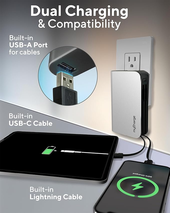myCharge Portable Charger with Wall Plug – 10050mAh Fast Charger – Power Bank for iPhone, Samsung, Android & More - External Battery Pack Portable Charger with Built-in Cables (Lightning + USB-C)