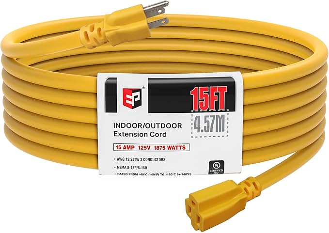 EP 15 Ft Outdoor Extension Cord, 12/3 SJTW Heavy Duty Extension Cable with 3 Prong Grounded Plug, 15 AMP Power Cord for Lawn, Garden, Appliances, Yellow