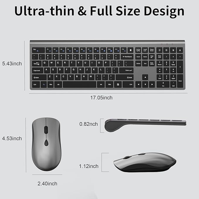 Wireless Mouse and Keyboard Combo, Silent Full-Size Computer Keyboard with Calculator Button, 2400 DPI Mouse, Quiet Click, Slim Cordless USB Set for Laptop PC Windows Mac - Space Grey