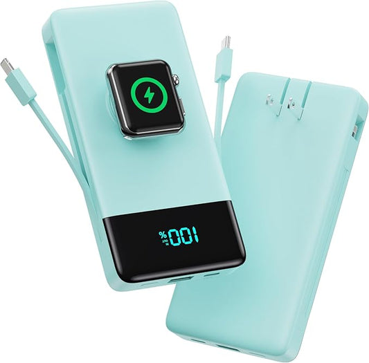 Portable Charger for iPhone with Built in Cables & Wall Plug,6-in-1 10800mah Power Bank With iWatch Charger,QC4.0+25W PD Fast Charging Battery Pack for iPhone 16/15/14/13,Android,Apple Watch (Green)