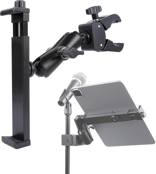 iPad Holder - Side Mount Tablet Holder for Mic Stand, Dual 360 Rotatable Adjustable for iPad Pro 12.9 Air Mini and Other 6.5-15" Tablets