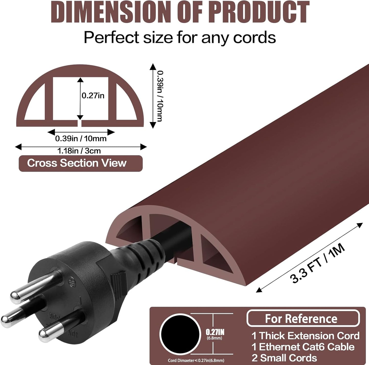 Floor Cord Cover Self Adhesive Cord Hider,3.3FT Cable Management, Extension Strip Protector for Wires, Prevent Cable Trips for Offices, Gyms, Exhibitions Cavity:0.39"(W) x 0.27"(H) Coffee