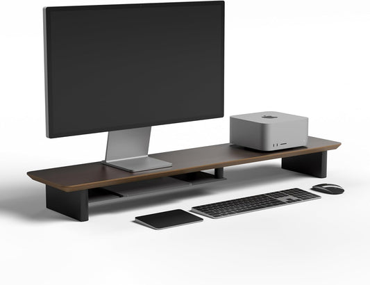 Walnut Dual‑Tier Monitor Stand for Modern Desk Setup – Minimalist Wooden Riser Shelf for Dual Monitors, Laptops, Home Office Aesthetic (Dark Walnut, Large)