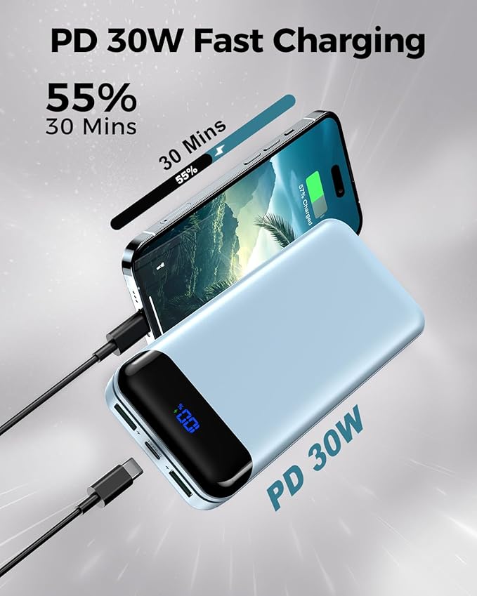 Portable Charger Power Bank 40000mAh Powerbank PD 30W and QC 4.0 Fast Charging External Battery Pack with USB-C LED 3 Outputs & 2 Inputs Portable Charging for iPhone 15 14 13 (Blue)