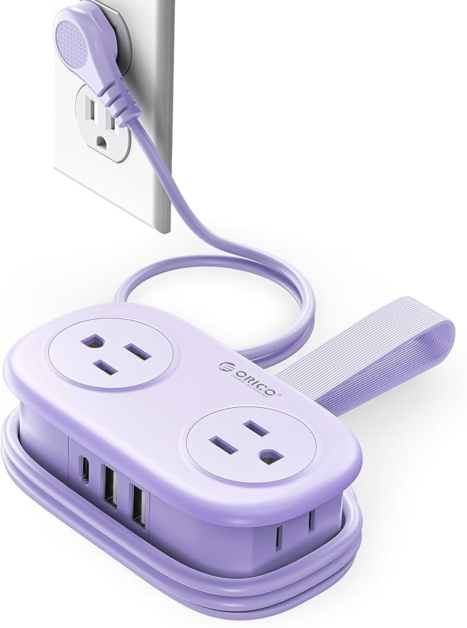 ORICO 4FT Purple Travel Power Strip with 4 AC Outlets, 2 USB-A Ports, and 1 USB-C Port, 45° Flat Plug Extension Cord with Non Surge Protector for Travel/Home/Dorm/Office-AP3