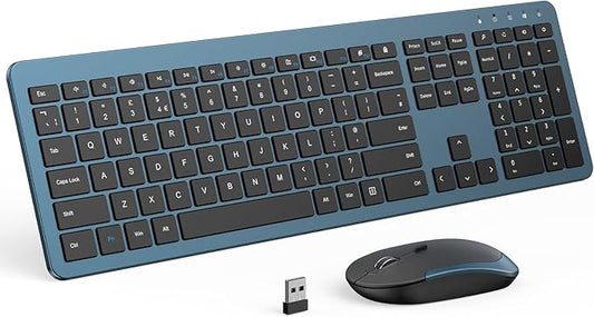 Wireless Keyboard and Mouse Combo - Full Size Slim Thin Wireless Keyboard Mouse with Numeric Keypad 2.4G Stable Connection Adjustable DPI (Dark Blue)