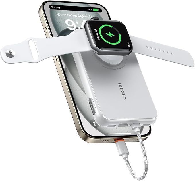 VEGER Portable Charger with Built in Removable Cable for iPhone, 20W Fast Charging Slim Power Bank, 10000mAh USB C Battery Pack Travel Essential Compatible with iPhone, Android, Apple Watch-White
