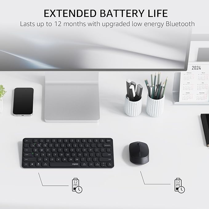 Rapoo 9010M Multi-Device Keyboard and Mouse Combo, 2.4GHz/Bluetooth 5.0/4.0 Wireless Keyboard & Mouse Set for Windows/Mac/Linux/Chrome, Support 4 Devices, Low-Profile Silent Click, Battery Powered
