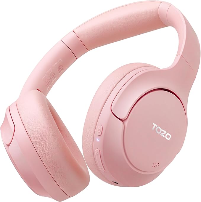 TOZO HT2 Hybrid Active Noise Cancelling Headphones, Wireless Over Ear Bluetooth Headset, 60H Playtime, Hi-Res Audio Custom EQ via App Deep Bass Comfort Fit Ear Cups, for Home Office Travel Pink