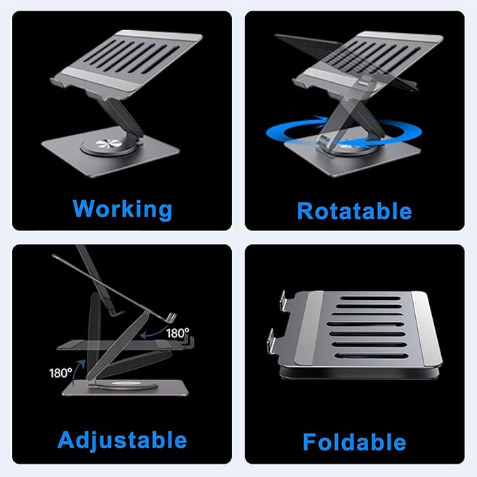 Adjustable Laptop Stand for Desk with 360° Swivel Base, Aluminum Laptop Holder, Foldable Ergonomic Laptop Cooling Riser, Supports up to 18 Pounds, for Macbook Air/Pro Dell/HP and All Laptops 7-15.6"