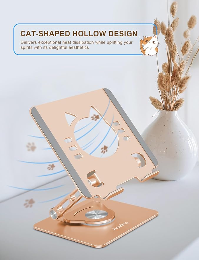 Tablet Stand 360° Rotating Aluminum Holder, Adjustable, Portable and Foldable Monitors Stand for iPads, Compatible with 4-12.9" Tablets, Golden