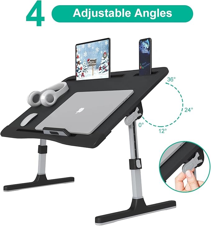 Laptop Bed Tray Desk with Adjustable Heights and Angles, Upgraded-Sturdy Foldable Lap Desk for Bed/Couch/Floor (NO Drawer, Black)