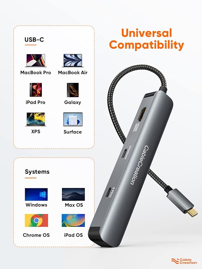 CableCreation 7-in-1 USB-C Hub with 4K 60Hz HDMI, 100W PD, 2 USB 3.0 5Gbps Data Ports, SD/TF Card Slots for Steam Deck, MacBook Pro/Air, iPad Pro, Pixelbook, XPS