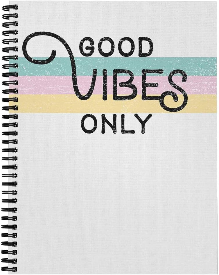 Softcover Good Vibes 8.5" x 11" Motivational Spiral Notebook/Journal, 120 College Ruled Pages, Durable Gloss Laminated Cover, Black Wire-o Spiral. Made in The USA