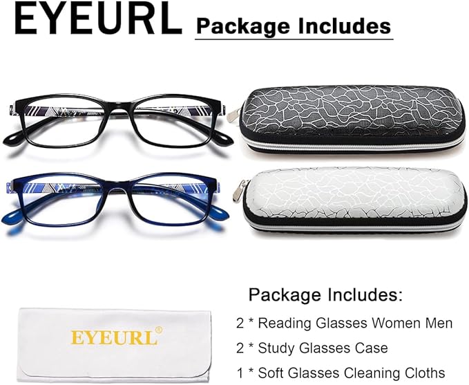 EYEURL Blue Light Blocking Readers for men Women - 2 Pair Ladies Computer Reading Glasses +3.75 Stylish TR90 Rectangular Frames