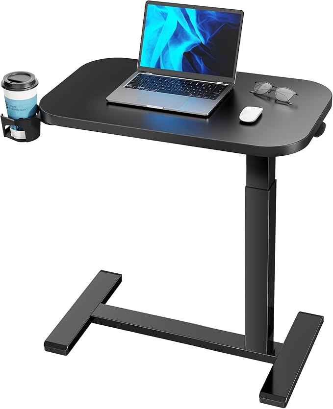 HUANUO Bedside Table with Wheels, Height-Adjustable Rolling Computer Cart, Overbed Table with Cup Holder, Pneumatic Laptop Standing Desk for Home Office, Black (27.6" x 15.7")