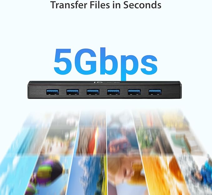 j5create 7-Port Powered USB 3.0 Data Hub with 3.3 ft Extended Cable [20W Power Adapter Included] for Mac, MacBook, Windows, Laptop, Surface, XPS, PC (JUH377)