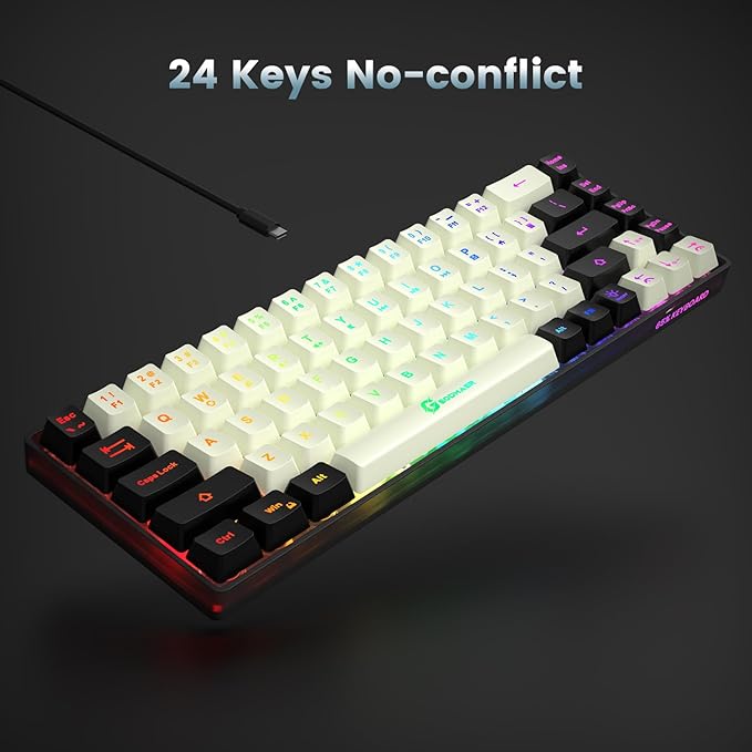 65% Gaming Keyboard, LED Backlit Mini Wired Keyboard, Ultra-Compact Anti-Ghosting No-Conflict 68 Keys Membrane Gaming Wired Keyboard for PC Laptop Windows Gamer(White-Black)