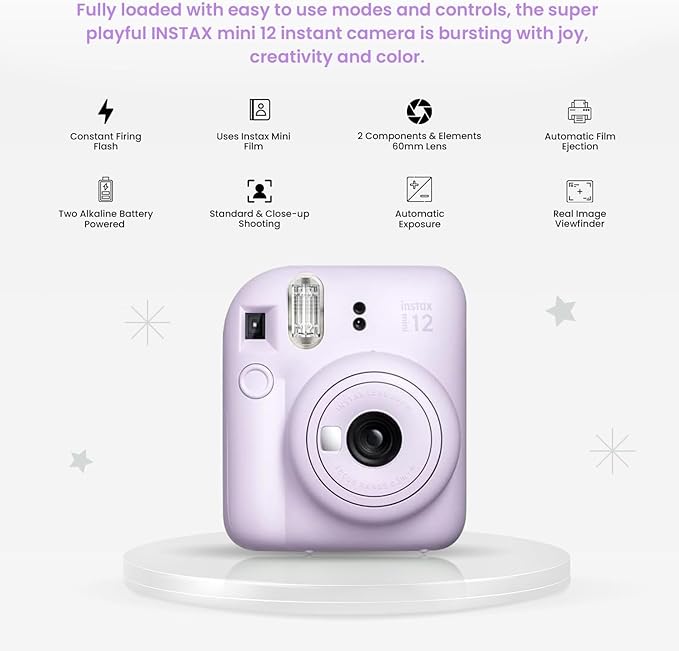 Fujifilm Instant Mini 12 Instant Camera + BluebirdSales Accessory Bundle & Custom Case + Fuji (20 Shots) Film + 5 Color Lens Filters + Mini Frames Designer Mini Photo Album (60 Pockets) (Lilac Purple)