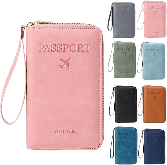 RFID Passport Holder for Wallet,RFID Blocking Document Organizer Clutch Bag, Credit Cards Case Cover Travel Wallet (Pink)