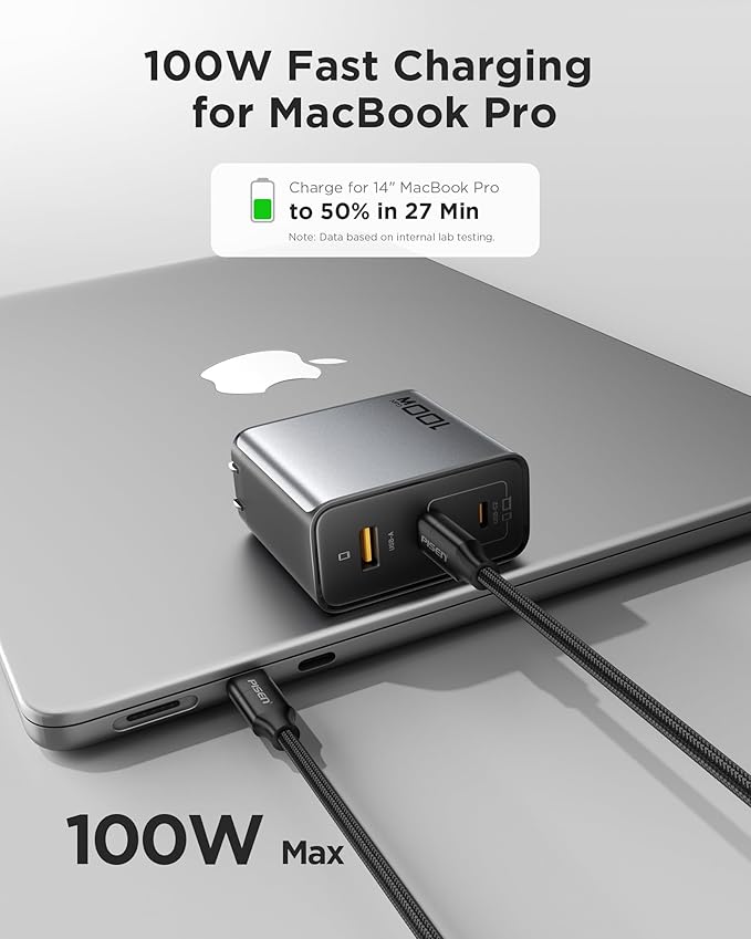 PISEN 100W USB C Charger - 3-Port 100W GaN USB C Charging Block Fast Charging, 100Watt Charging Block with 6FT Type C Cable, 100Watt Wall Charger for MacBook, iPad, iPhone, Samsung, Google Pixelbook