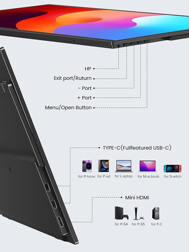 UPERFECT Portable Monitor 15.6", 125% sRGB 1080P FHD Portable Screen Plug & Play, VESA & 180° Adjustable Stand 350Nits, USB-C HDMI Ultra-Slim Travel Monitor for Laptop, Phone, PC, Game Console
