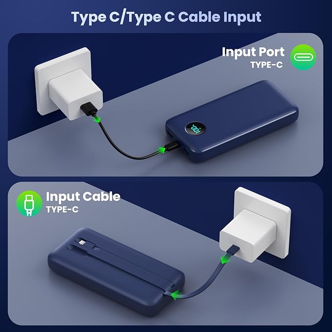 Portable Charger PowerBank 40,800mAh with 2 Built-in Cables,25W PD Fast Charging +QC 4.0 Quick Phone Charging Power Bank, 5 Outputs LCD Display USB C Battery Pack for iPhone 16/15 Android Galaxy etc