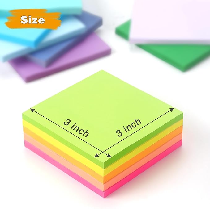 12 Pack Bright Colors Sticky Notes 3x3 Inch, Strong Sticky Self-Adhesive Notepads, 50 Sheets/Pad, 12 Multicolor for Office, School, and Home Organization