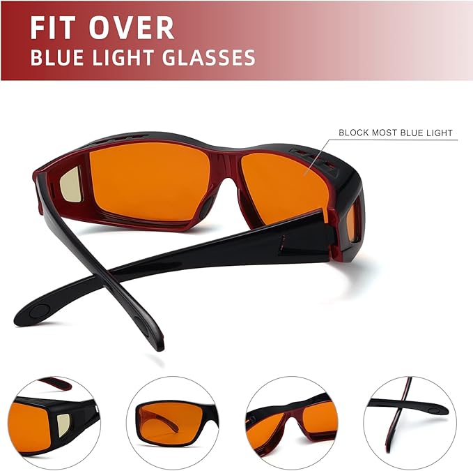 Eyekepper 100% Blue Light Reduction,Fitover Anti-Blue Blocking Computer Glasses Amber Lenses Black Red