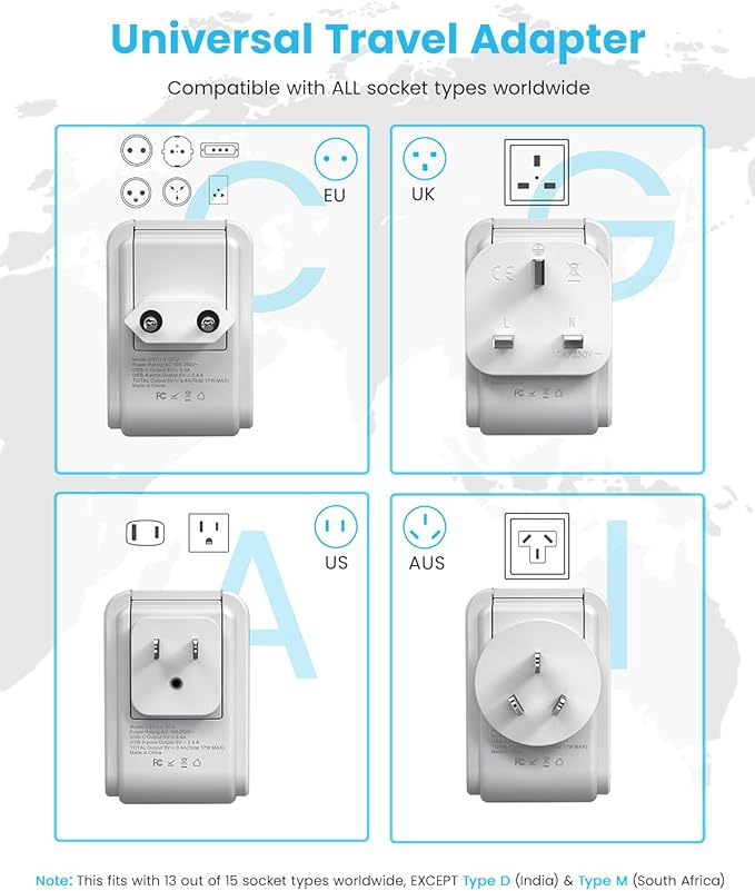 Universal Travel Adapter Kit, VINTAR International Plug Adapter with 3 USB Ports(2 USB C, 3.4A) and 2 American Outlets, Type A,C,G,I Detachable Attachments, Adapter for US/Japan/Europe/UK/AUS