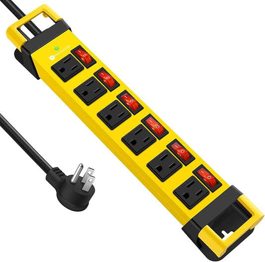 Heavy Duty Power Strip,6 Outlets Metal Power Strip with Individual Switch & Cord Management,Mountable Surge Protector 1200J,15FT Extension Cord(Yellow,15 FT)