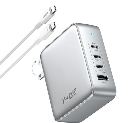 140W GaN USB C Wall Charger, 4-Port PD3.1 Laptop Charger Block Foldable Compact PPS Fast Power Adapter for MacBook Pro/Air, Dell XPS, iPad Pro, iPhone 17/16 Pro, Galaxy S25/S24, Steam Deck, and More