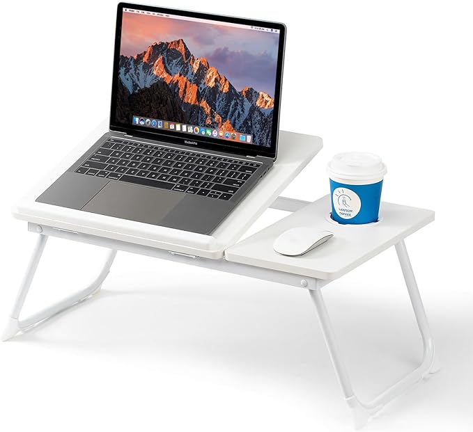 Laptop Desk for Bed Couch, Adjustable Foldable Bed Table with Cup Holder, Breakfast Serving Tray, Portable Laptop Lap Desk Stand for Working Reading Writing Eating Gaming in Bed Sofa Floor(White)