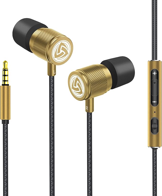 LUDOS Ultra Wired Earbuds in-Ear Headphones, 5 Years Warranty, Earphones with Microphone, Noise Isolating Ear Buds, Memory Foam for iPhone, Samsung, School Students, Kids, Women, Small Ears - Gold