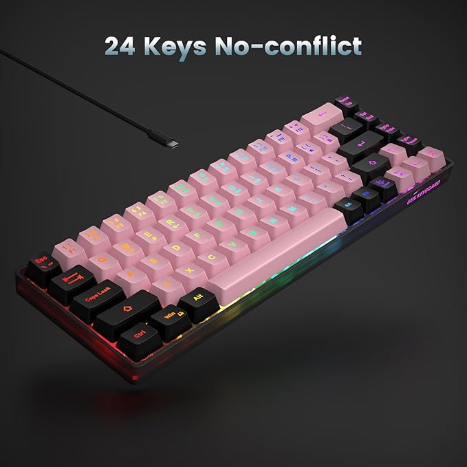 65% Wired Gaming Keyboard, LED Backlit, Ultra-Compact Anti-Ghosting No-Conflict 68 Keys Membrane Gaming Wired Keyboard for PC Laptop Windows Gamer(Pink-Black)