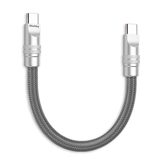 chubbycable Cute Chubby 240W Short USB C Cable Power Bank Fast Charging Cable Nylon Braided Charger Cord Compatible with iPhone 17-15 Series iPad, Gray, Type-C to Type-C, 0.32FT