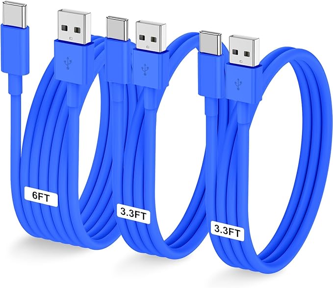 3-Pack Blue [3.3FT+3.3FT+6FT] USB A to USB C Cable，USB to USB C Car Carplay Cable for iPhone 16 15 Pro Plus Pro Max，for iPad Pro/Air/Mini，for Samsung S24/S23/S22，for MacBook Pro/Air and More