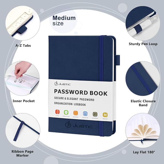 JUBTIC Password Keeper Book with Alphabetical Tabs. Medium Size Password Book for Seniors, Internet Website Address Log in Detail. Hardcover Password Notebook for Home Office, Navy Blue