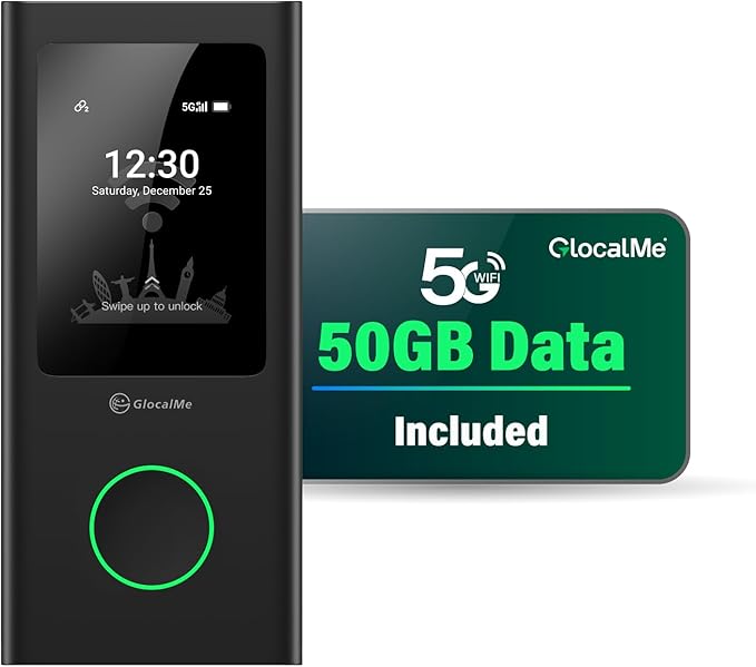 GlocalMe Numen Air 5G Hotspot with 50GB US/CA/MX Data 90Days, Portable WiFi Hotspot for Travel, Ultra High Speed Mobile Hotspot Device with Touch Screen, No SIM Card Required, 16 Connected Devices