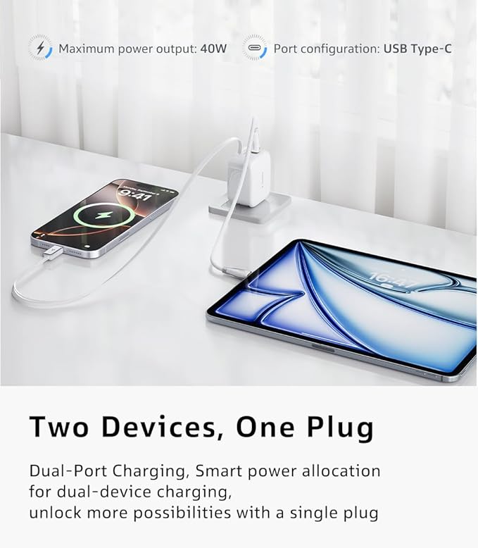 TORRAS FlexLine 40W for iPhone 17 Charger, Fast Charging Retractable USB C Charger Block with Cable, Dual-Port GaN Ⅲ Type C Adapter for iPhone 16 Pro Max/iPhone 16/iPhone 15 with Foldable Plug