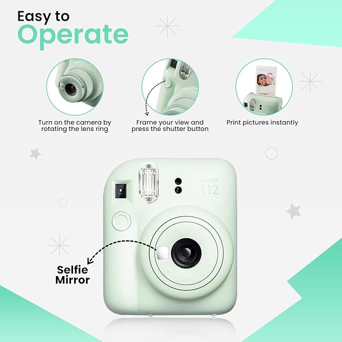 Fujifilm Instant Mini 12 Camera + Accessory Bundle & Custom Case + Fuji Instant Film (20 Shots), Designer Mini Photo Album (60 Pockets) (Mint Green)