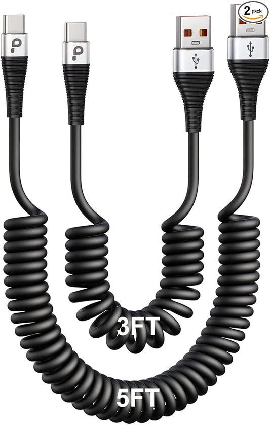 USB Type C Coiled Cable Fast Charging (3FT/5FT), 2Pack Android Auto Charging Cord for Car, Short USB A to USB C Charge Cable Compatible with iPhone 17/16/15/Pro Max/Samsung Galaxy S20 Note 10 and More