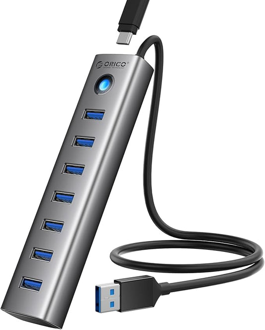 ORICO Aluminum 7-Port USB Hub with 1.64Ft Cable, Multiple USB 3.0 Hub, 5Gbps Data Transfer, 5V 3A Type-C Port, UBS-A Splitter for PC, Laptop, Desktop