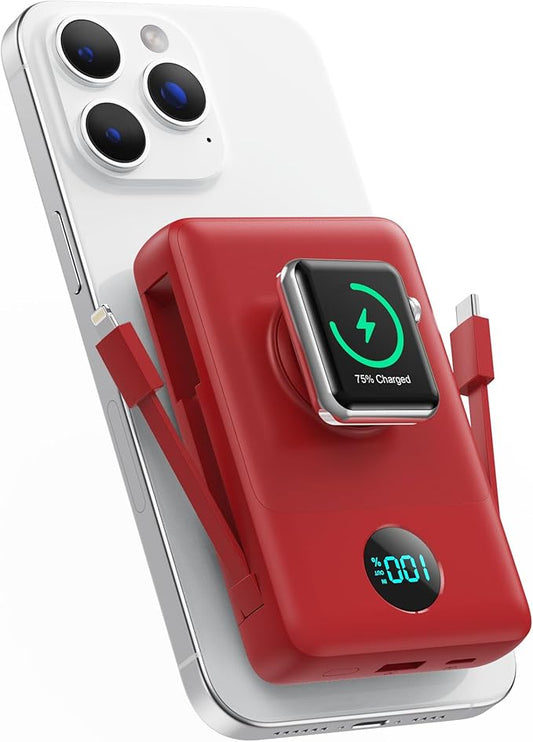 Magnetic Portable Charger 10800mAh for iPhone with Built-in Cables, 6-in-1 Wireless Power Bank with iWatch Charger, 25W PD Fast Charging USB C Battery Pack for iPhone 16/15/14/13/12, Apple Watch(Red)