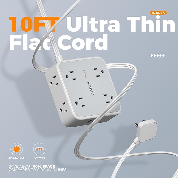 TESSAN Surge Protector Power Strip Flat Plug, Long Extension Cord 10 FT with 8 Outlets, 3 USB Ports(1 USB C), 3-Sided Outlet Extender, 900 Joules Protection, Desk Charging Station for Home, Office