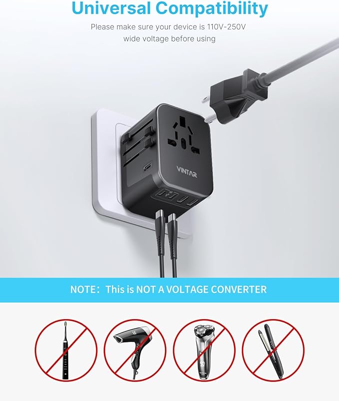 Universal Travel Adapter, VINTAR International Power Adapter with 6A 3 USB C and 2 USB Ports, All in One Travel Essentials Plug Adapter, Worldwide Outlet Converter for Europe UK USA AUS(Type C/G/A/I)
