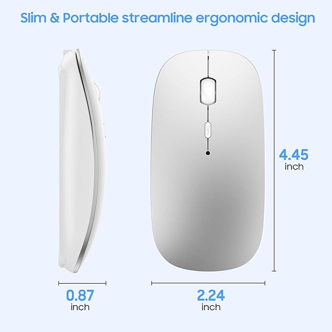 SUNGI Bluetooth Mouse for Laptop/Tablet/iPhone/Android PC,Rechargable Quiet Slim Mice Compatible with Windows/Linux,Silver